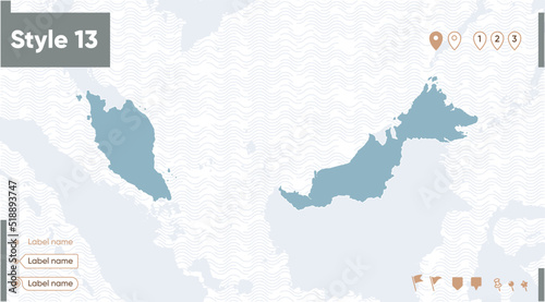 Malaysia - map with water, national borders and neighboring countries. Shape map.