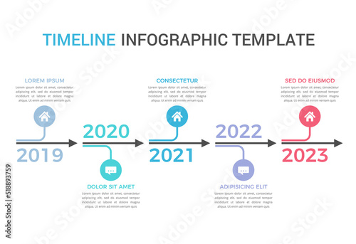 Horizontal timeline with five arrows, infographic template, workflow or process diagram