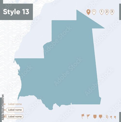 Mauritania - map with water, national borders and neighboring countries. Shape map.
