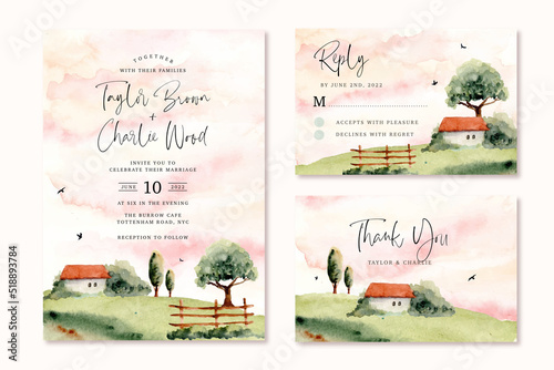 Canvas Print wedding invitation set with countryside view watercolor