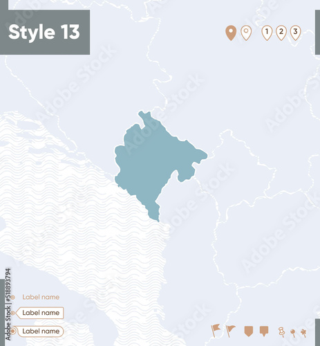 Montenegro - map with water, national borders and neighboring countries. Shape map.