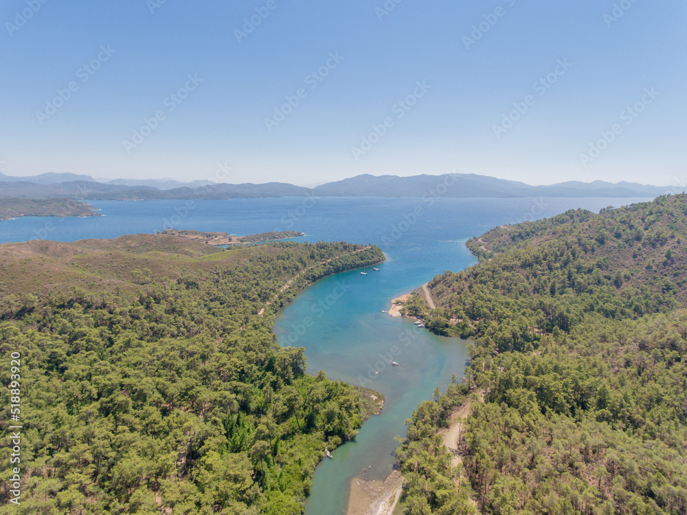 Aerial view of the river in the green mountains at Aegean Sea