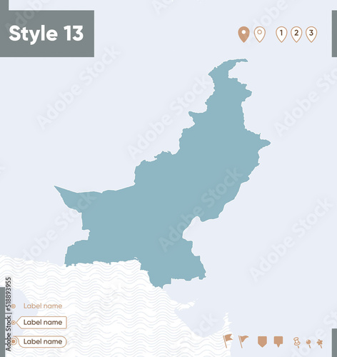 Pakistan - map with water, national borders and neighboring countries. Shape map.