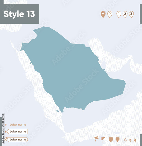 Saudi Arabia - map with water, national borders and neighboring countries. Shape map.