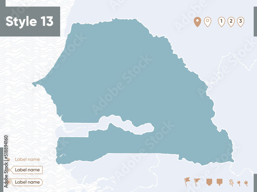 Senegal - map with water, national borders and neighboring countries. Shape map.