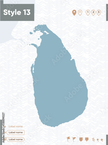 Sri Lanka - map with water, national borders and neighboring countries. Shape map.