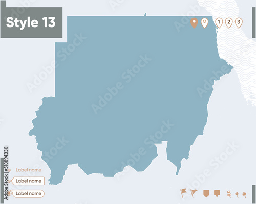 Sudan - map with water, national borders and neighboring countries. Shape map.