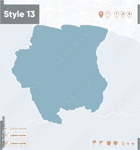 Suriname - map with water, national borders and neighboring countries. Shape map.
