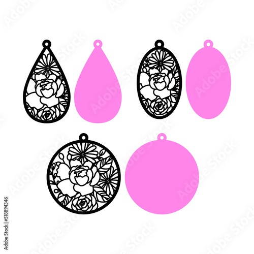 Earrings cutting template set of acrylic and wooden floral jewelry. Templates for laser cutting machines