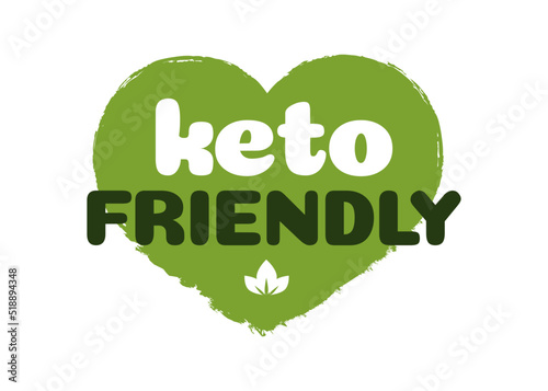 Keto friendly diet nutrition vector badge on green heart texture isolated on white background-ketogenic diet sign, keto diet menu. Vegetables icon eco friendly diet with leaves. 10 eps