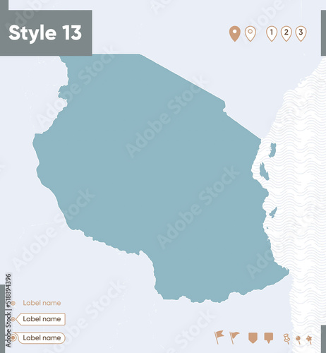 Tanzania - map with water, national borders and neighboring countries. Shape map.