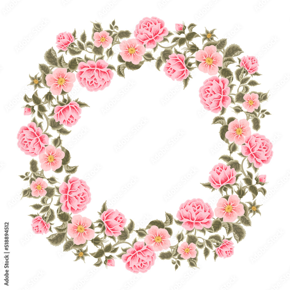 Pastel pink floral wreath illustration with roses, peony, green leaf branches for wedding stationary, greeting card decoration, feminine posters, beauty elements isolated on white background