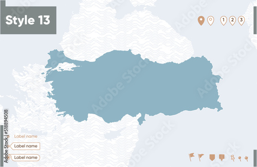Turkey - map with water, national borders and neighboring countries. Shape map.