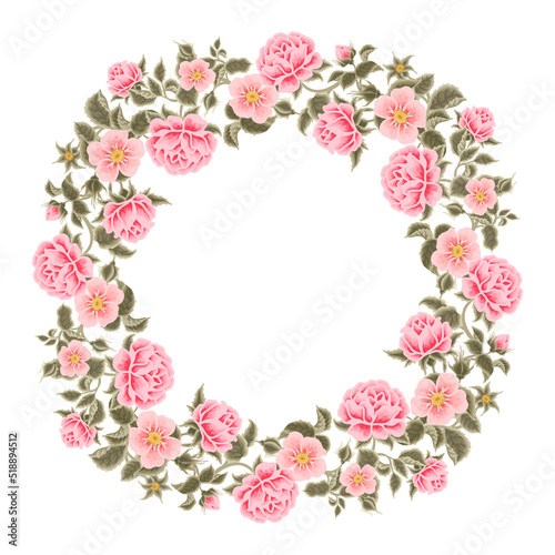 Fototapeta Naklejka Na Ścianę i Meble -  Pastel pink floral wreath illustration with roses, peony, green leaf branches for wedding stationary, greeting card decoration, feminine posters, beauty elements isolated on white background