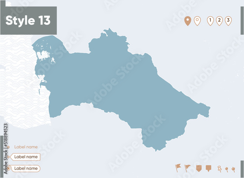 Turkmenistan - map with water, national borders and neighboring countries. Shape map.