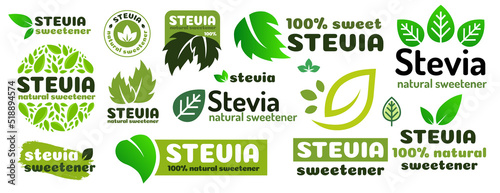 Stevia leaves symbol vector set. Natural organic stevia sweetener substitute isolated on white background. Eco icon for label, poster, badge, packaging design. Vector 10 eps