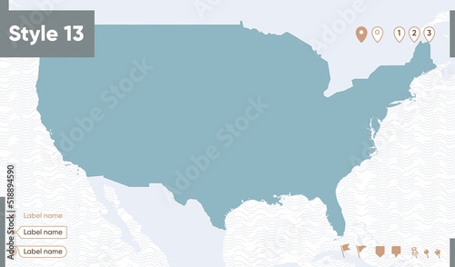 USA, United States Of America - map with water, national borders and neighboring countries. Shape map.