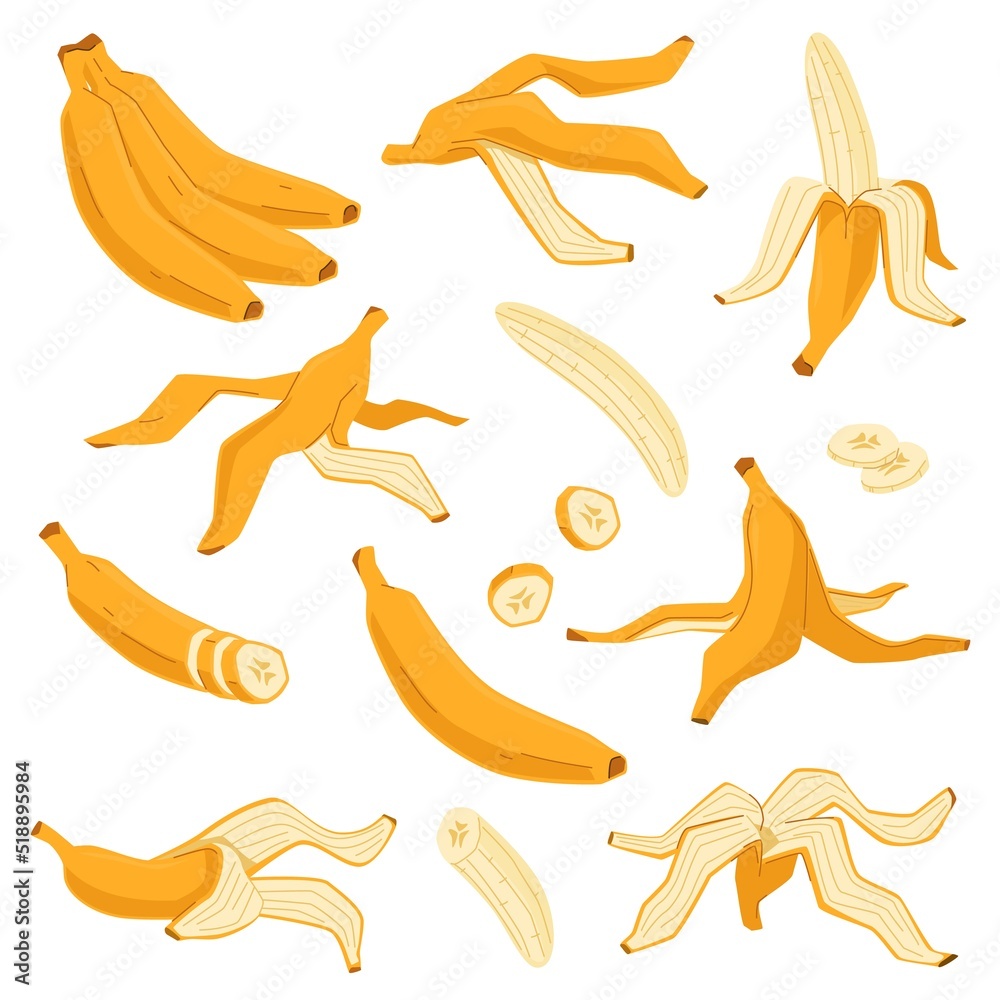 Obraz premium Cartoon banana. Yellow tropical fruit, unpeeled whole and pieces, bunch and peel, sweet flavour exotic natural raw food, sweet carbohydrate snack, tasty meal nowaday vector isolated set