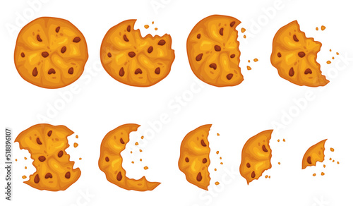 Cartoon bitten cookie. Gradual eating biscuit, classic cookies with chocolate pieces, crumbs and teeth marks, homemade delicious sweet snack, sugar bakery product, recent vector isolated set