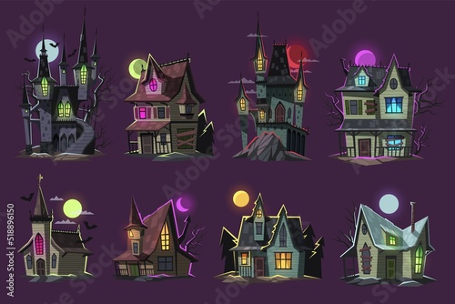 Cartoon horror house set. Scary haunted buildings, ghosted halloween creepy castles, gothic spooky homes, mysterious moonlight in forest, dark mystery witch architecture, tidy vector set