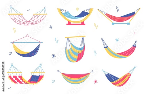 Colorful hammocks. Cartoon doodle devices for rest and sleep, summer recumbent outdoor recreation, hanging fabric accessory, bright patterns, tourism and vacation object, swanky vector set
