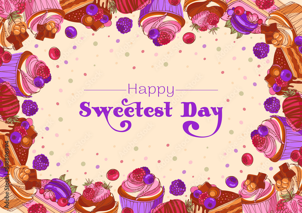 Naklejka premium Happy sweetest day. Frame of appetizing muffins and cakes with chocolate, berries and caramel. Modern bright sketch style vector illustration. For postcard, menu, pastry shop, invitation, poster.