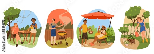 Garden relax people. Happy men and women relaxing in backyard, girls drink lemonade, guy makes barbecue, watering flower care, family picnic, outdoor party tidy vector cartoon flat set