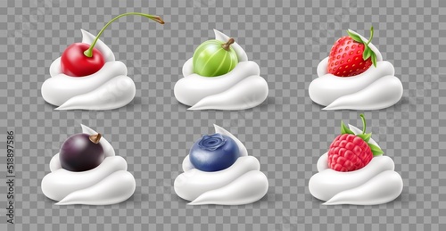 Realistic berries cream. Natural milk desserts, fresh berries, whipped cream, yogurt and fruits, raw blueberry and cherry, strawberry and raspberry, currant and gooseberry, utter vector set