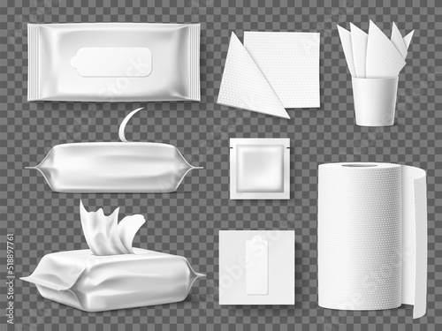 Realistic wet wipes packages. Cosmetic remover, antibacterial and baby hygiene, kitchen blank white napkins mockups. Dry and wet, differently folded white towels, utter vector set