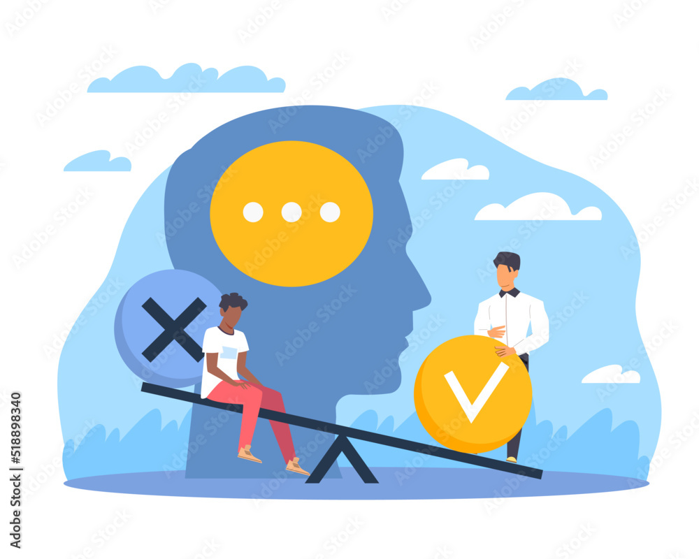 Uneven balance of judgments. Problem of public thinking and unfair treatment, prejudice opinions, people sit on the scales. Unconscious bias vector cartoon flat style concept Uneven balance of judgments. Problem of public thinking and unfair treatment, prejudice opinions, people sit on the scales. Unconscious bias vector cartoon flat style concept