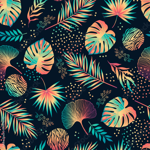 Exotic tropical vector background with hawaiian gradient plants. Vector illustration hand drawning. For fabric print design texture.
