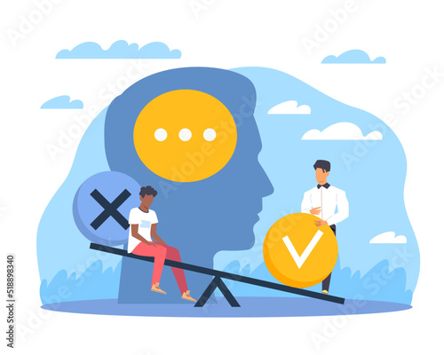 Uneven balance of judgments. Problem of public thinking and unfair treatment, prejudice opinions, people sit on the scales. Unconscious bias vector cartoon flat style concept photo