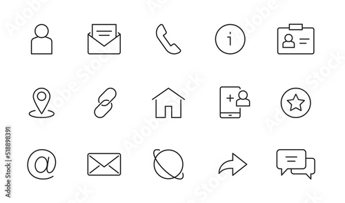 Contact, address line icon set. Mail, telephone adress, message symbol for website button. Editable stroke thin line design icon set. Vector illustration.