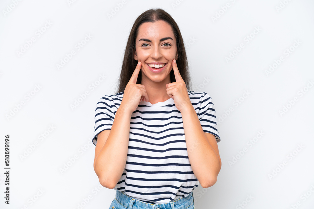 Young caucasian woman isolated on white background smiling with a happy and pleasant expression Young caucasian woman isolated on white background smiling with a happy and pleasant expression
