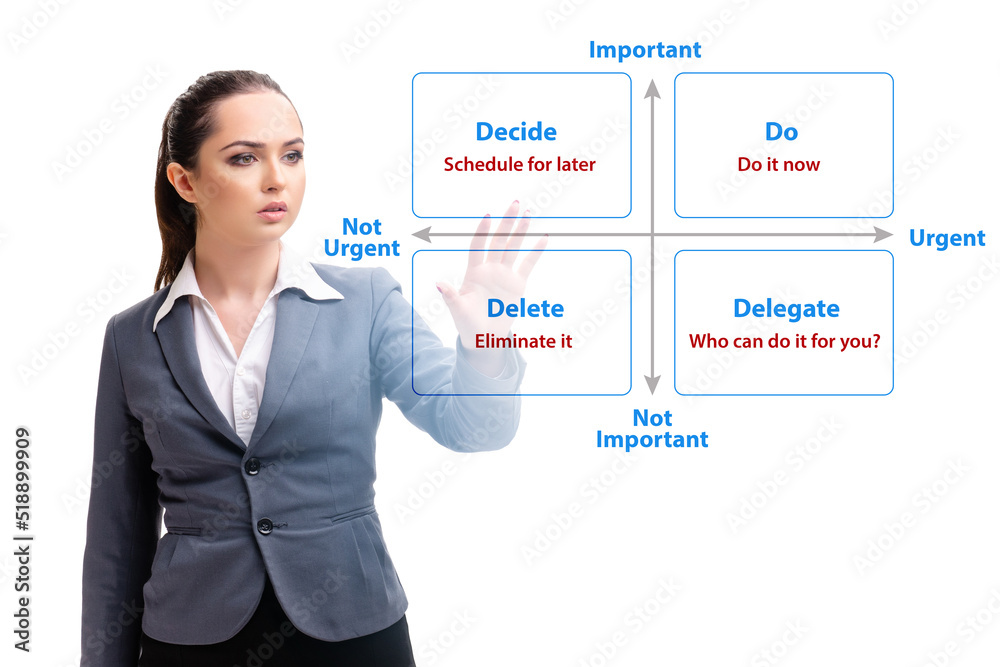 Businesswoman using eisenhower matrix for her priorities Businesswoman using eisenhower matrix for her priorities