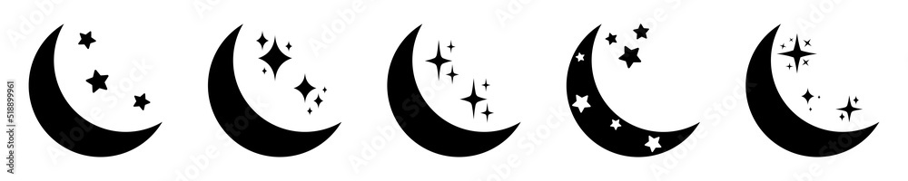 Fototapeta premium Set of Moon with stars vector icons. Half Moon and stars in night sky on white background. Symbol night and evening. Vector 10 EPS.