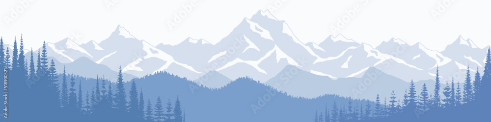 Fototapeta premium Mountain landscape, panoramic view of ridges and forest in fog, vector illustration