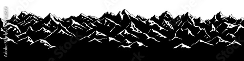 Snow covered mountain peaks, mountain range panoramic view, black and white landscape