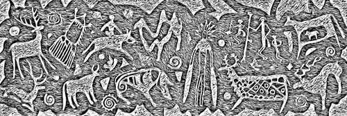 Panel on the ethnic theme. A series of petroglyphs, rock paintings, vector design.