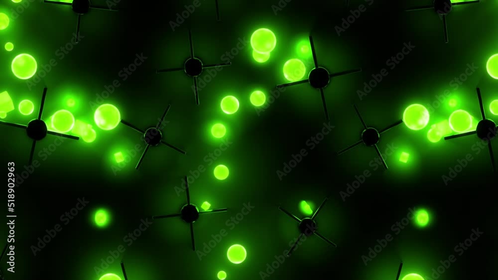 Colorful acid green falling neon glowing balls and cubes, bouncing jumping from obstacles on reflective background. Interactive particles motion Animated gravity effect. Abstract fun concept 3d render