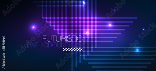 Background wallpaper neon glowing lines and geometric shapes. Dark wallpaper for concept of AI technology, blockchain, communication, 5G, science, business and technology
