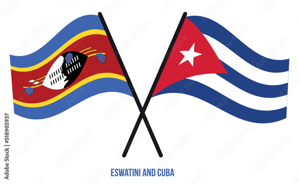 Eswatini and Cuba Flags Crossed And Waving Flat Style. Official Proportion. Correct Colors.