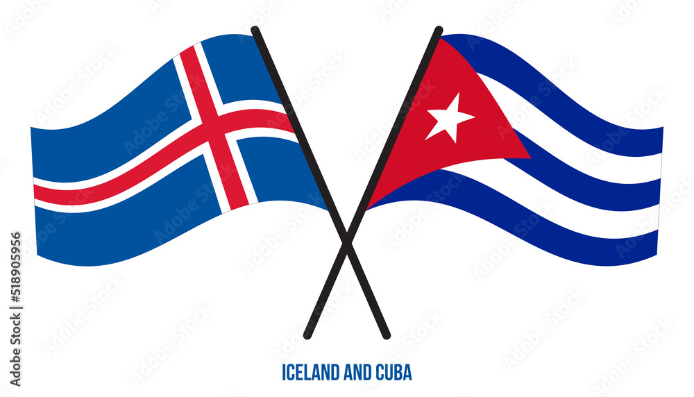 Fototapeta premium Iceland and Cuba Flags Crossed And Waving Flat Style. Official Proportion. Correct Colors.