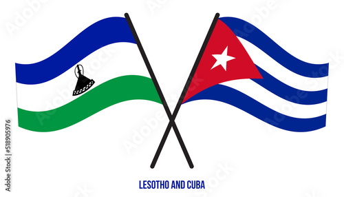 Lesotho and Cuba Flags Crossed And Waving Flat Style. Official Proportion. Correct Colors.