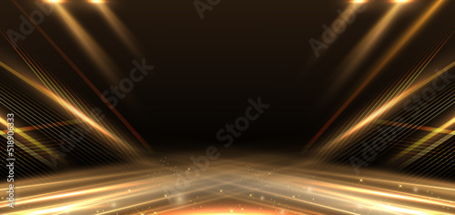 Abstract elegant gold curve glowing with lighting effect sparkle on black background. Template premium award design. photo