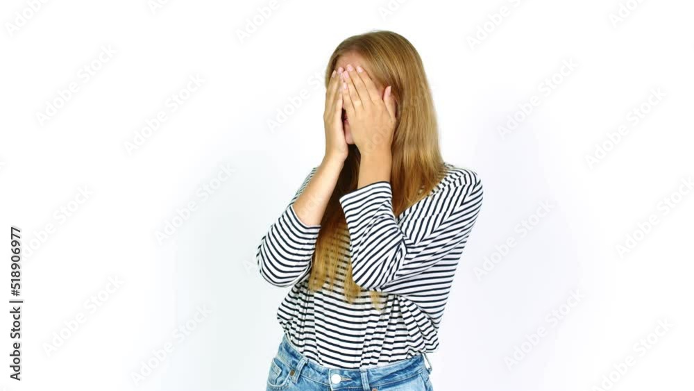 Young pretty blonde woman covering eyes by hands. Surprised to see what is ahead over isolated background Young pretty blonde woman covering eyes by hands. Surprised to see what is ahead over isolated background