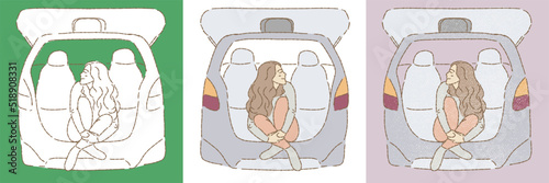 Young woman sitting at the back seat in the car, girl relaxing on the open car's back boot. Road trip. Set of different styles hand drawn flat vector illustration.