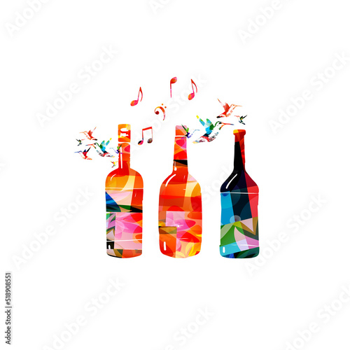  Colorful glass bottles with musical notes vector illustration. Party flyer, wine tasting event, wine festival, celebrations, restaurant poster. Wine drink design for invitation card, menu, promotion	