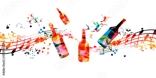  Colorful glass bottles with musical notes vector illustration. Party flyer, wine tasting event, wine festival, celebrations, restaurant poster. Wine drink design for invitation card, menu, promotion	
