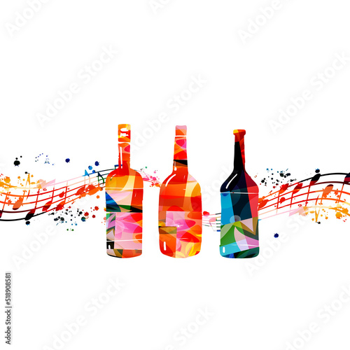  Colorful glass bottles with musical notes vector illustration. Party flyer, wine tasting event, wine festival, celebrations, restaurant poster. Wine drink design for invitation card, menu, promotion	